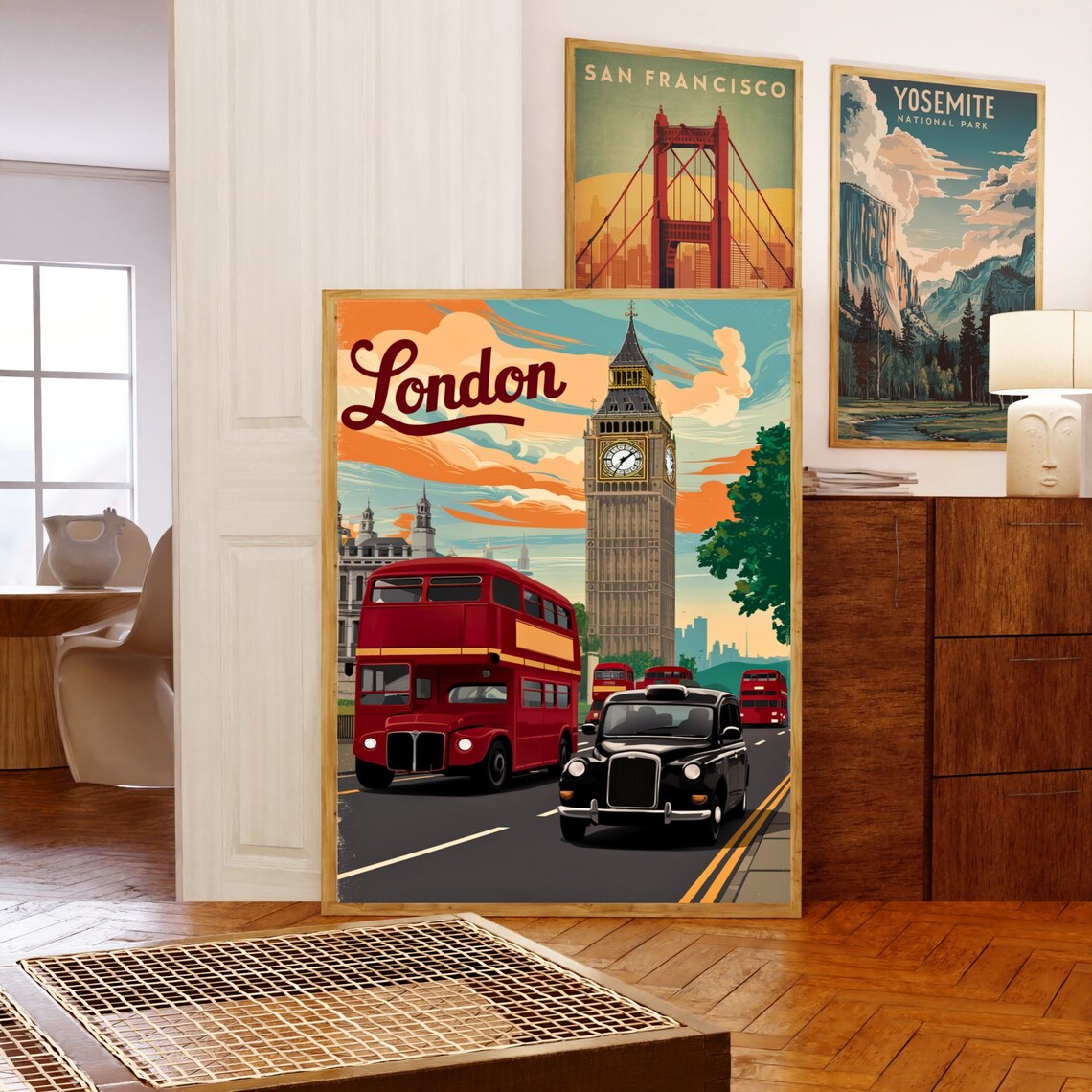 London England Vintage Retro Big Ben Red Bus and Black Cab Poster - Image 5