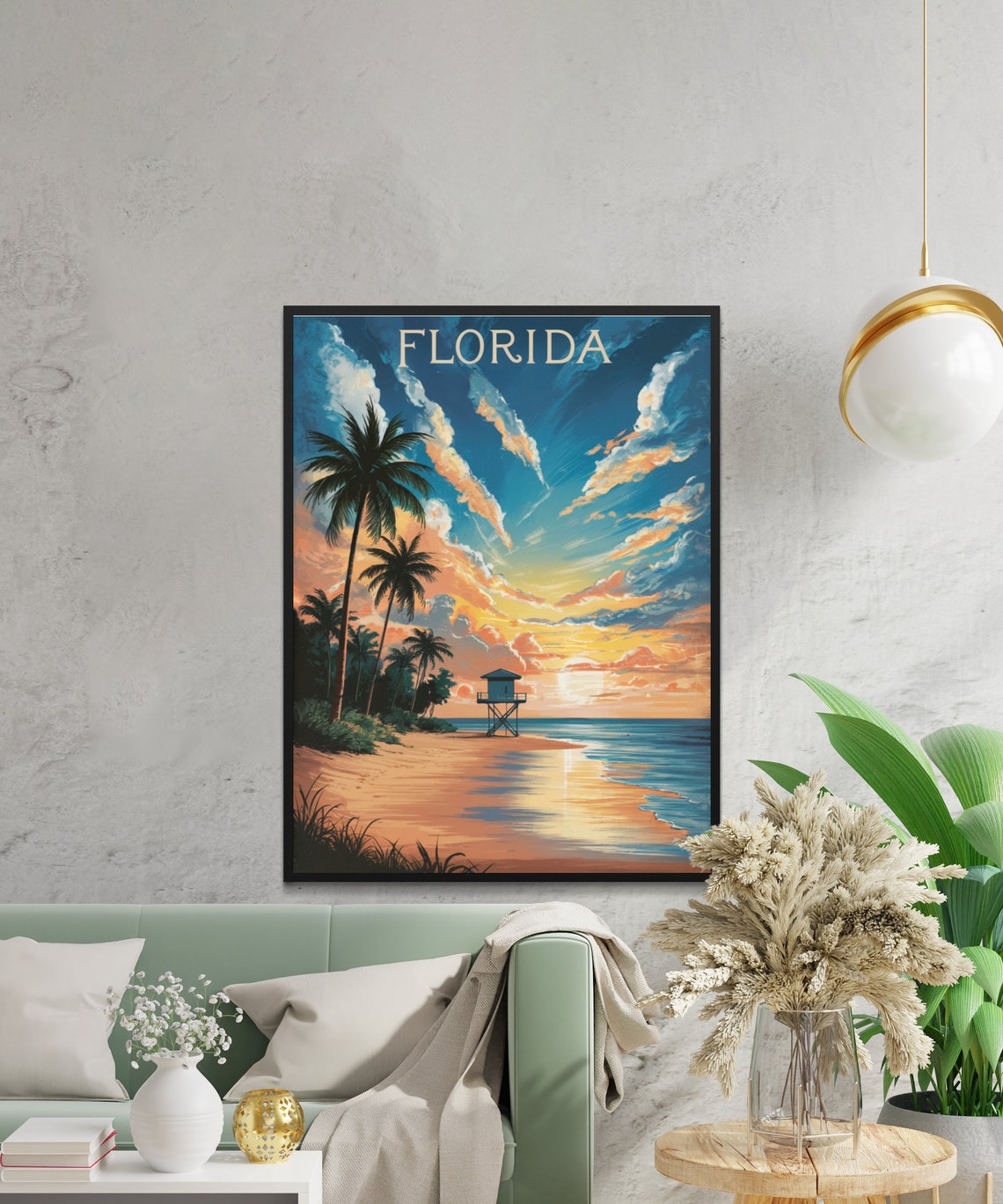 Florida Sunset Lifeguard Tower Palm Beach Retro Vintage Travel Poster - Image 2