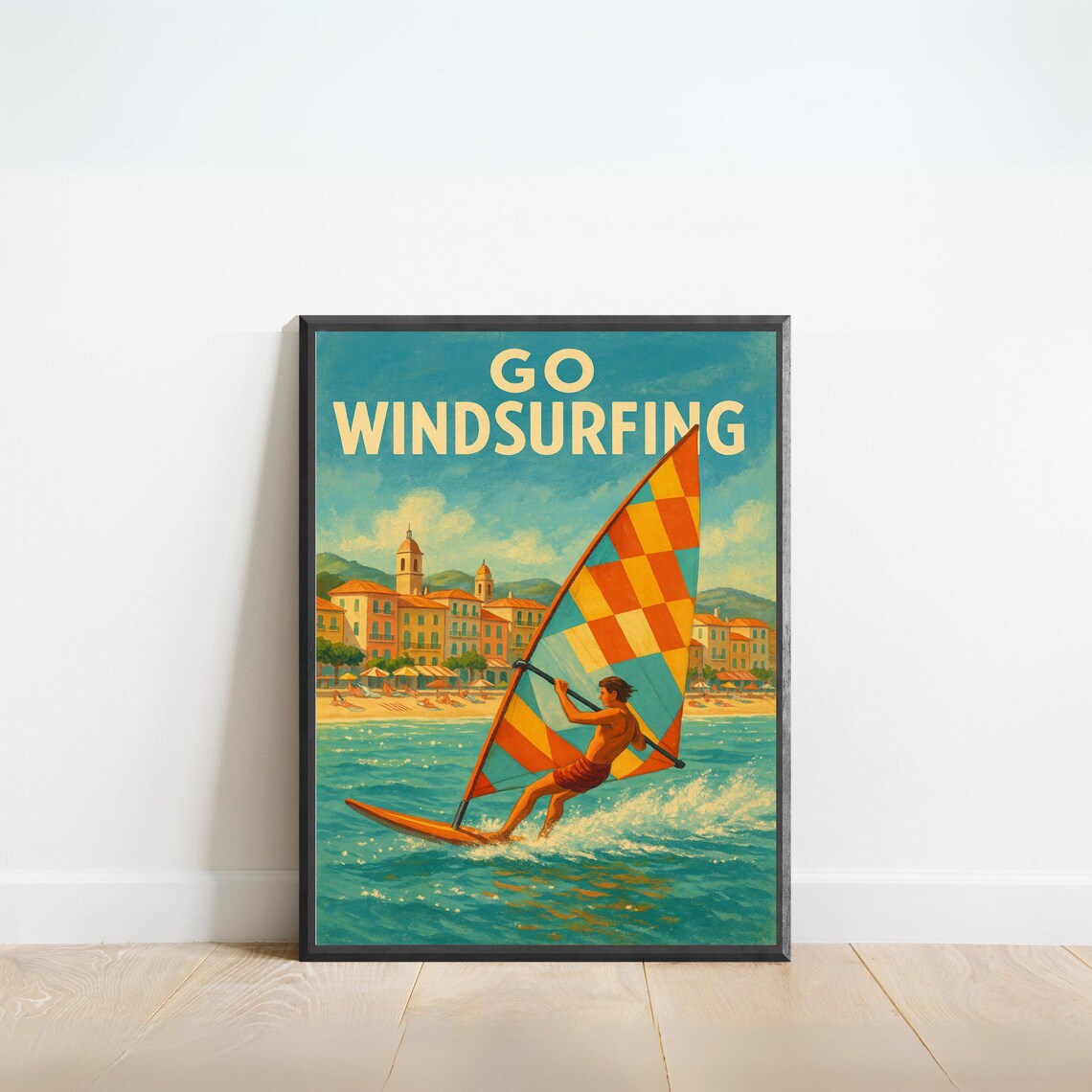 Windsurfing Vintage Coastal Travel Poster