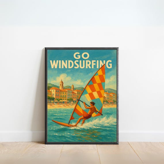 Windsurfing Vintage Coastal Travel Poster