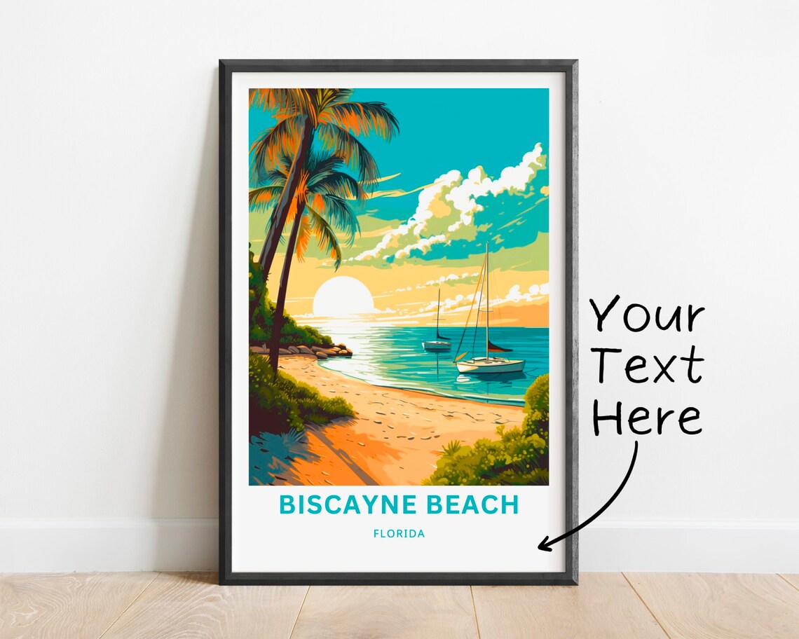 Biscayne Beach Florida Sunset Palms Sailing Coast Travel Poster