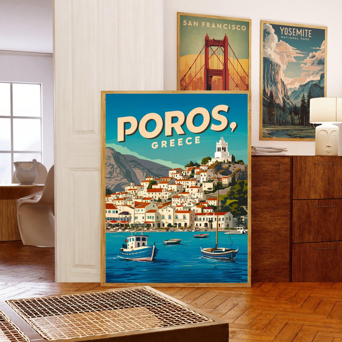 Poros Greece Vintage Blue Harbor Town Clock Tower Travel Poster - Image 3