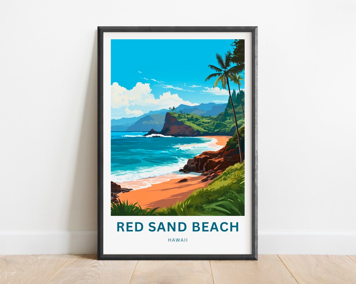 Red Sand Beach Hawaii Rocky Cove Palm Trees Ocean View Travel Poster