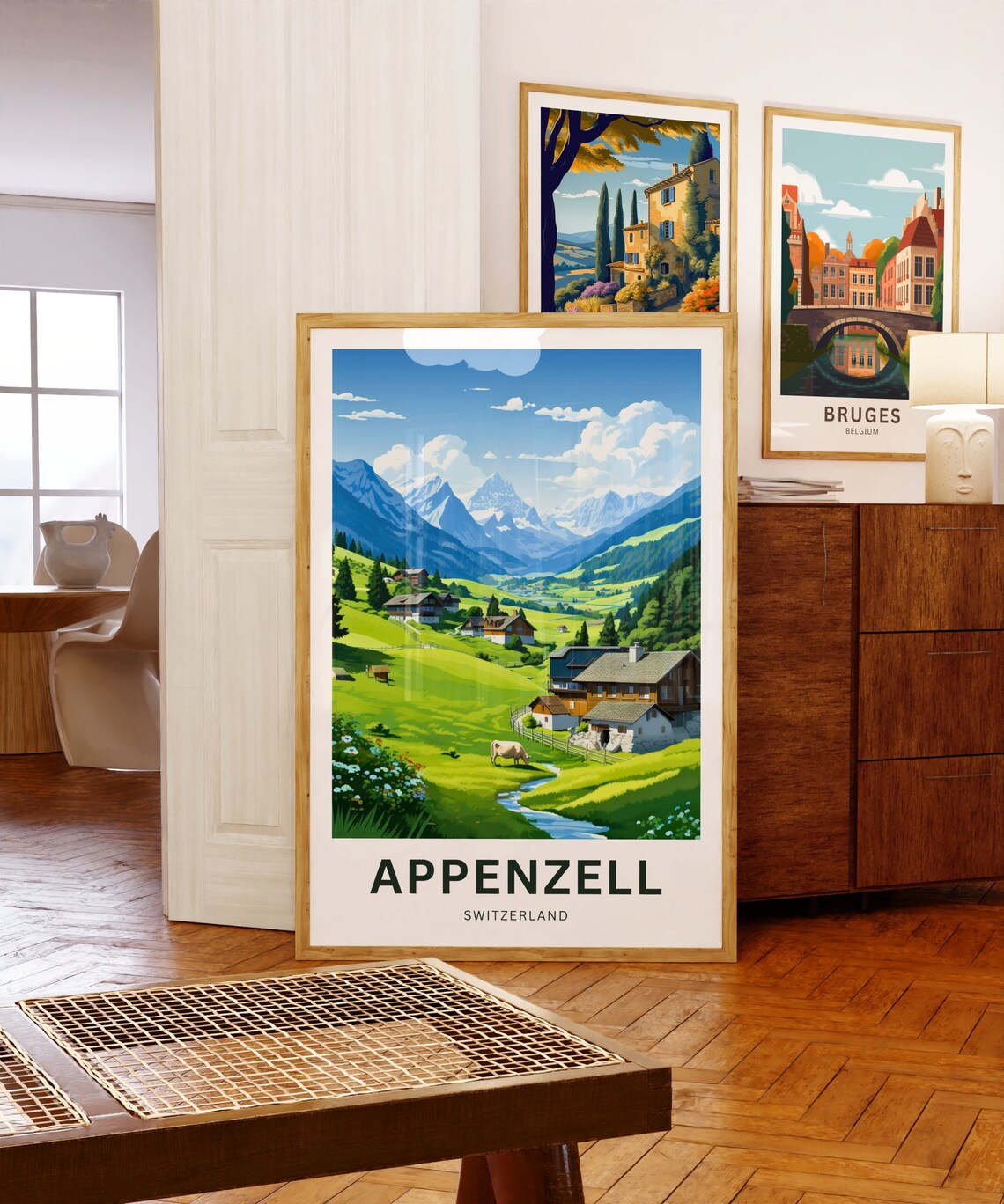 Appenzell Switzerland Alpine Chalets Cow Snowy Peaks Travel Poster - Image 5