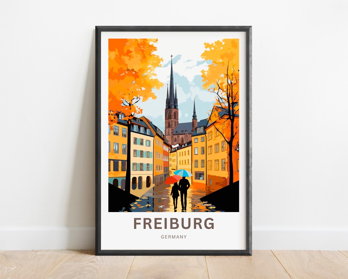Freiburg Germany Old Town Street Vintage Travel Poster Autumn Scene