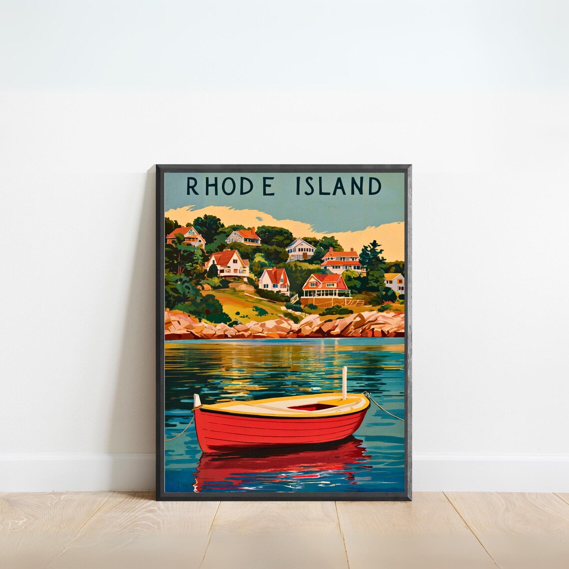 Rhode Island Harbor Red Rowboat Shoreline Cottages Vintage Poster