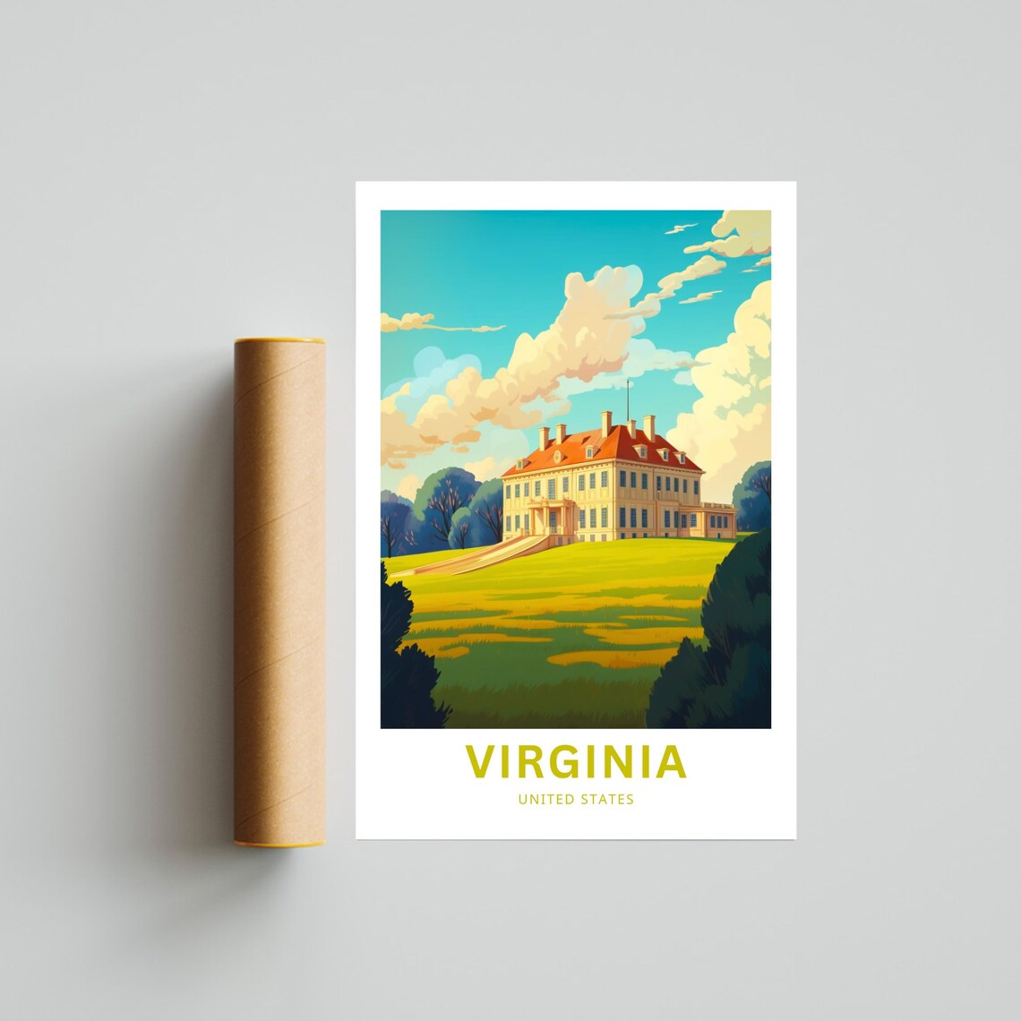 Virginia Grand Hilltop Mansion Golden Meadow Sunny Travel Poster - Image 4