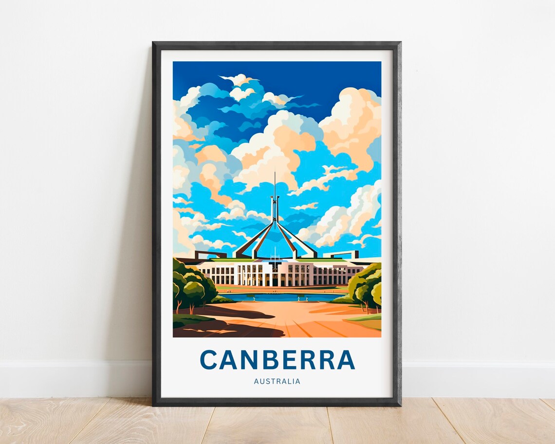 Canberra Australia Travel Poster Parliament House Cloud Sky Art