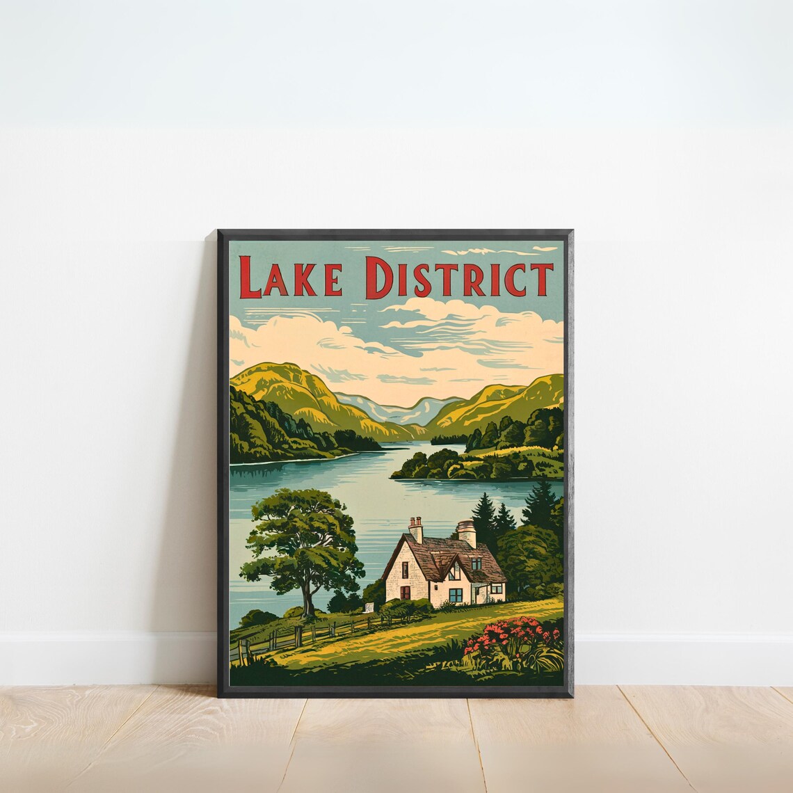 Lake District Vintage Poster Lakeside Cottage Among Green Fells