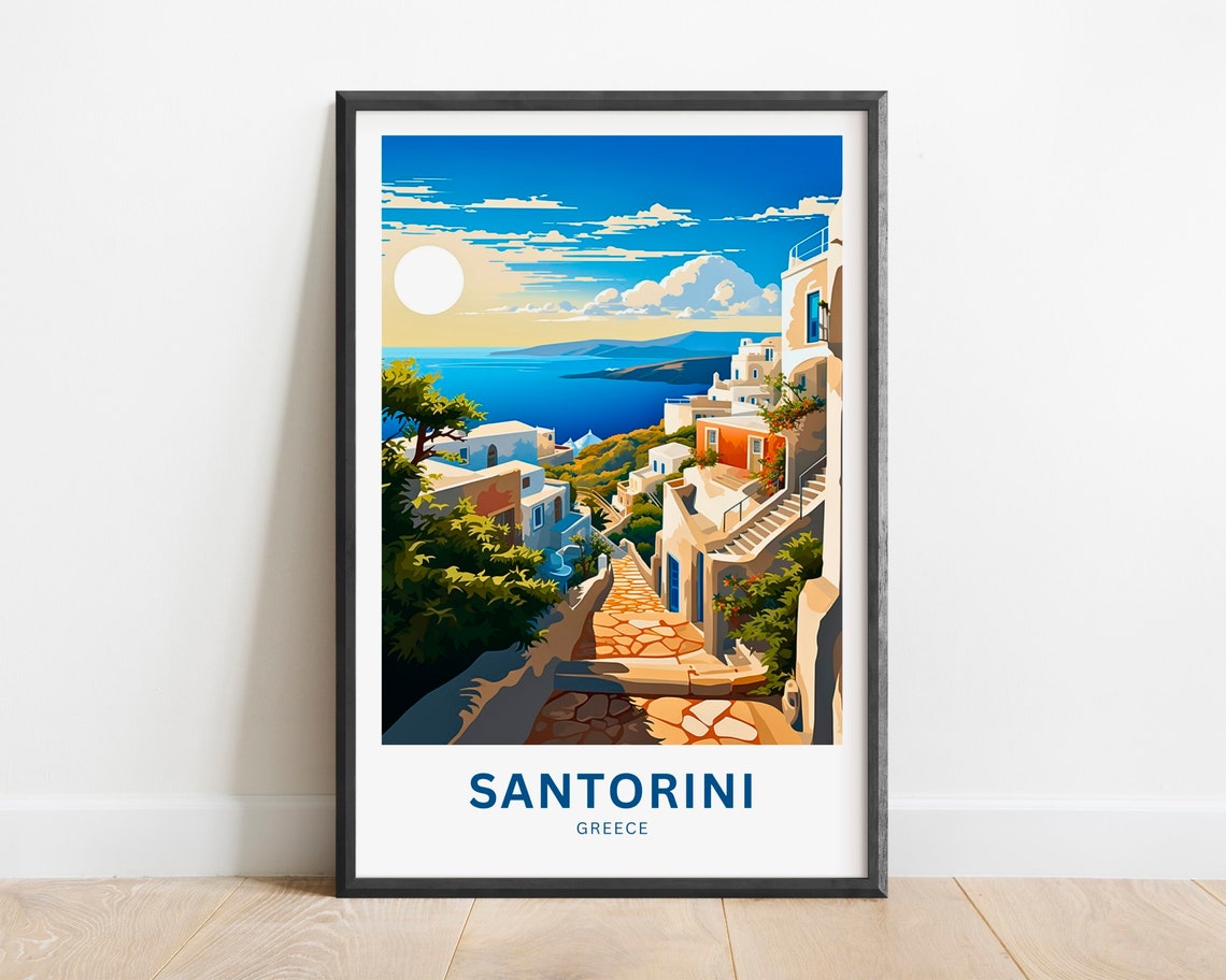 Santorini Greece Whitewashed Village Aegean Sea Sunset Travel Poster