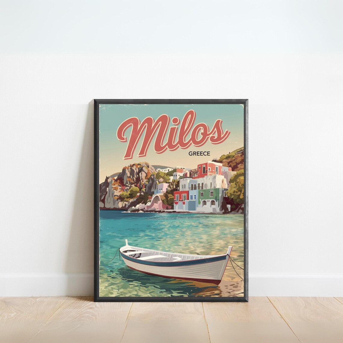 Milos Greece Turquoise Bay Fishing Boat Retro Island Scene Poster