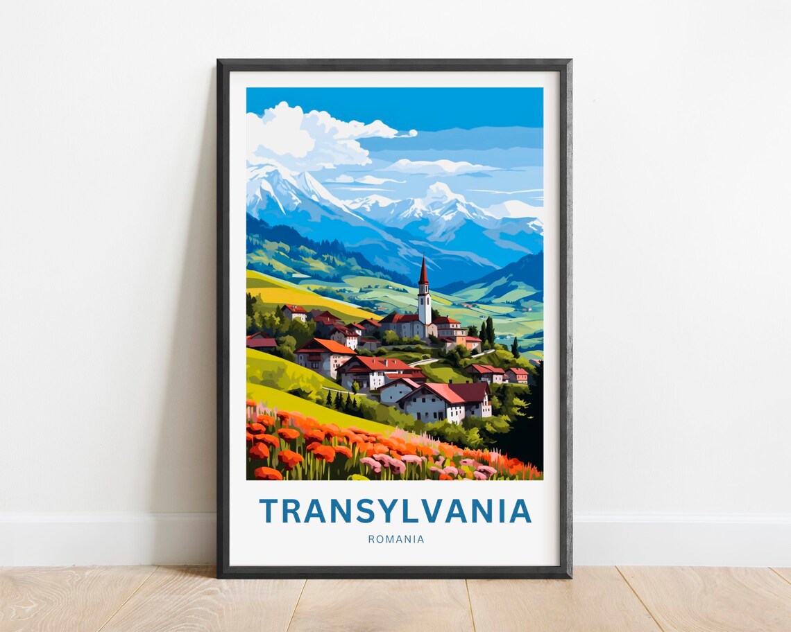 Transylvania Romania Alpine Village Poppies Vintage Travel Poster