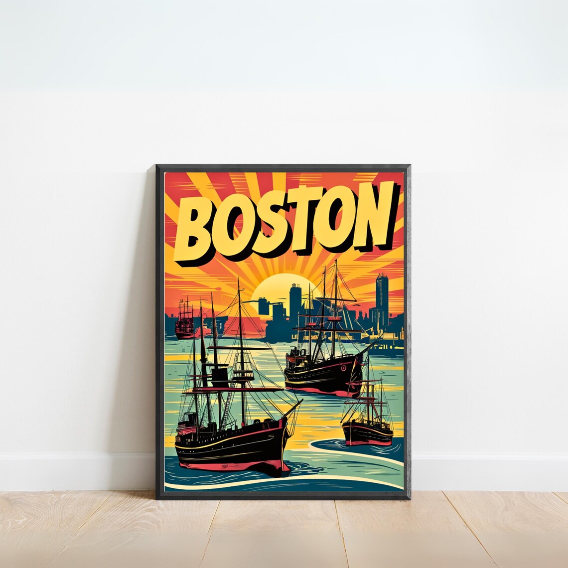 Boston Retro Sunset Tall Ships Harbor Skyline Vintage Travel Poster