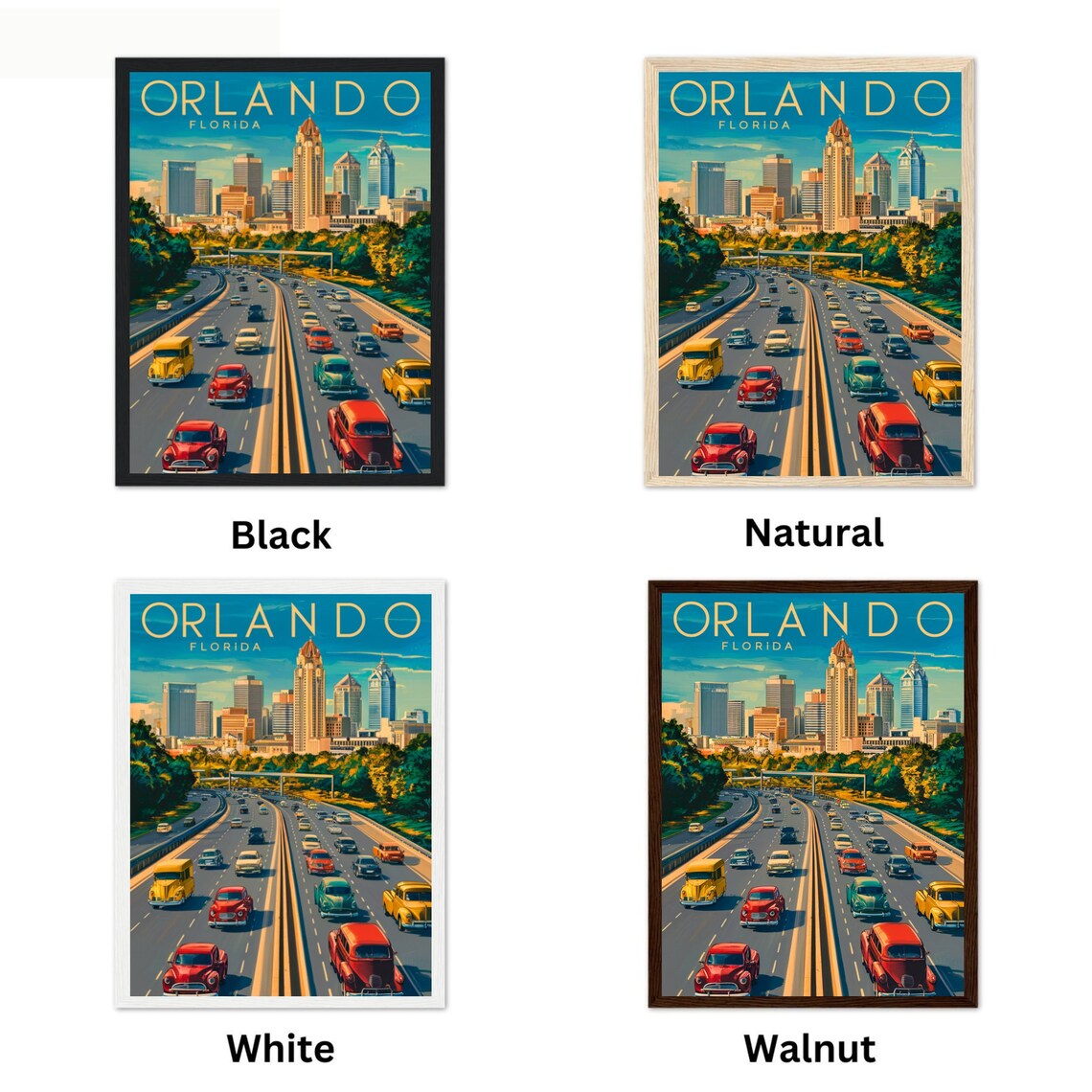 Orlando Florida Classic Cars Highway City Skyline Vintage Poster - Image 2