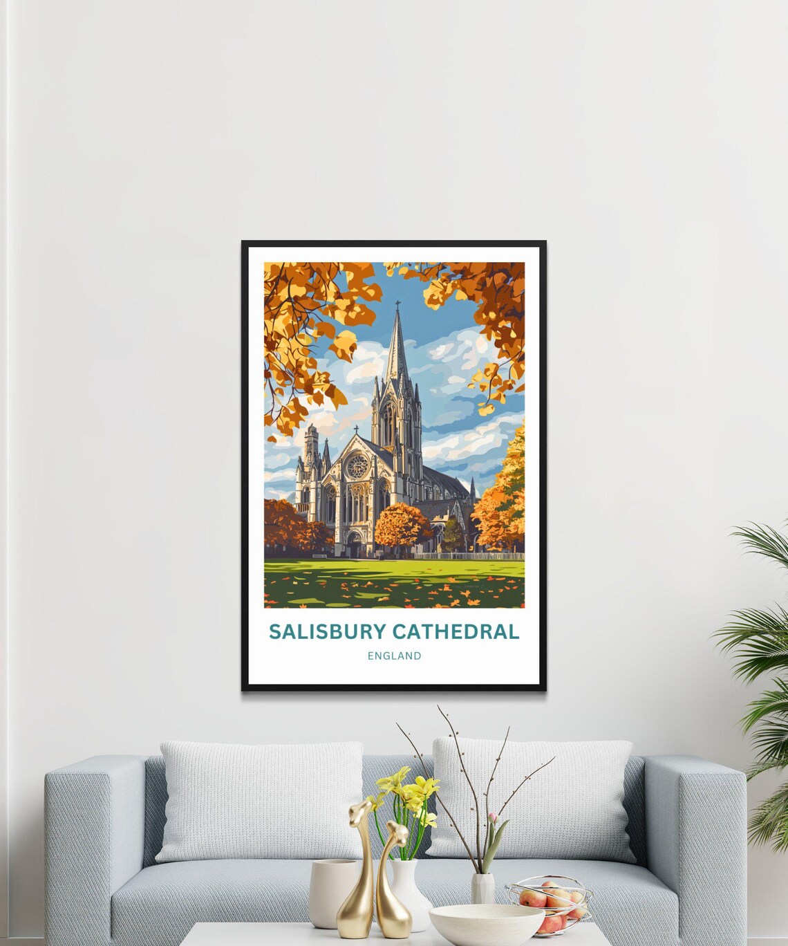 Salisbury Cathedral England Golden Autumn Foliage Art Poster - Image 4