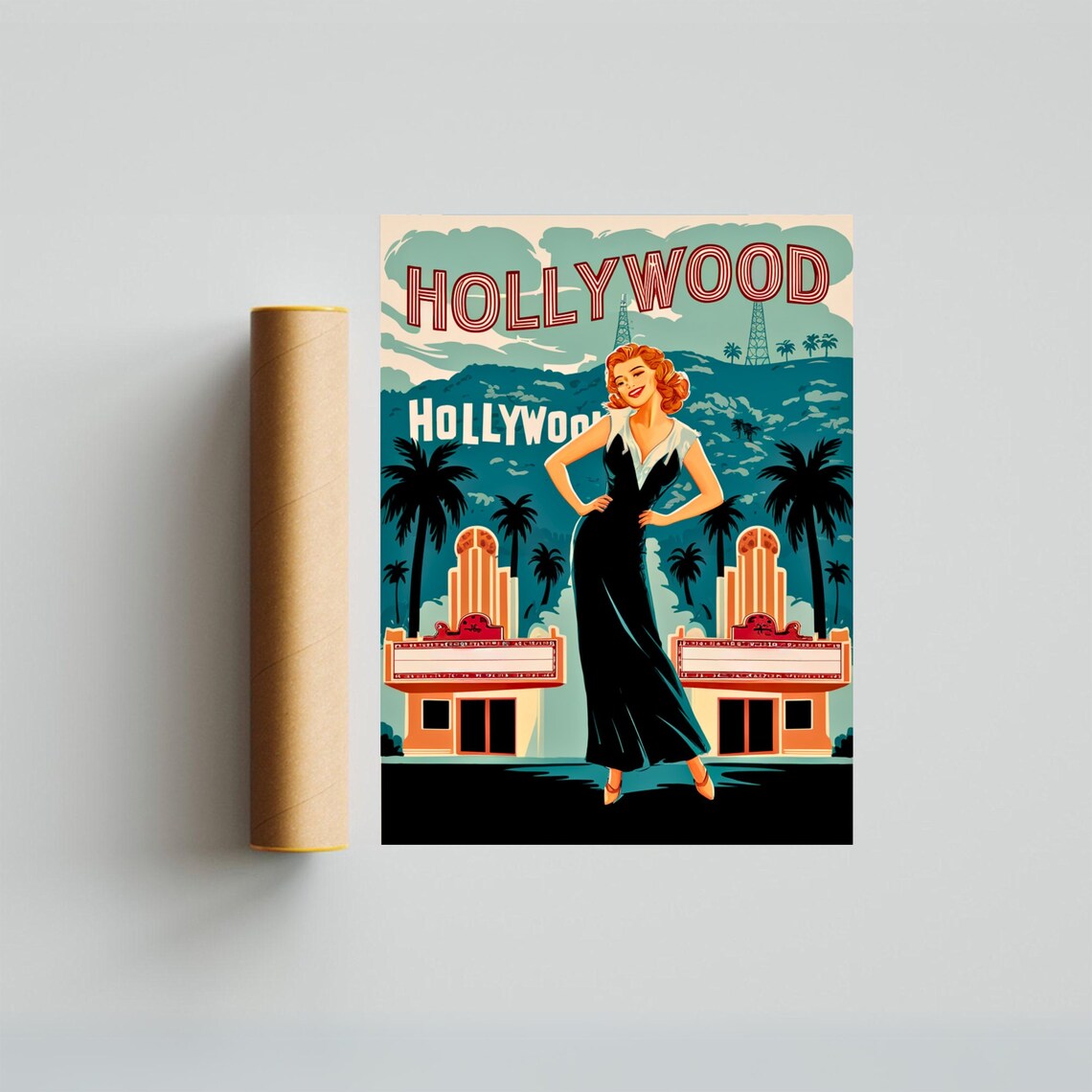 Hollywood Redhead Starlet Retro Teal Movie Vintage Travel Poster - Image 3