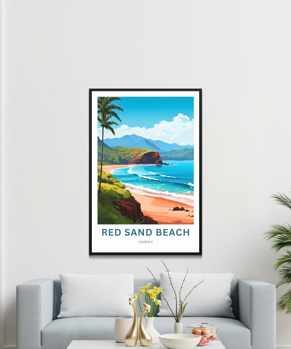 Red Sand Beach Hawaii Lone Palm Orange Sand Cove Customizable Poster - Image 3