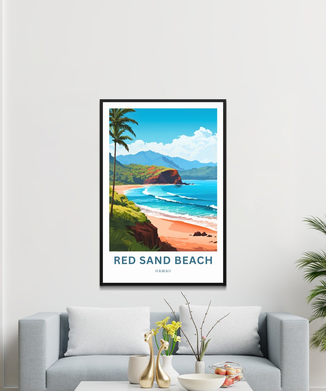 Red Sand Beach Hawaii Teal Lettering Palm Cove Ocean Travel Poster - Image 3