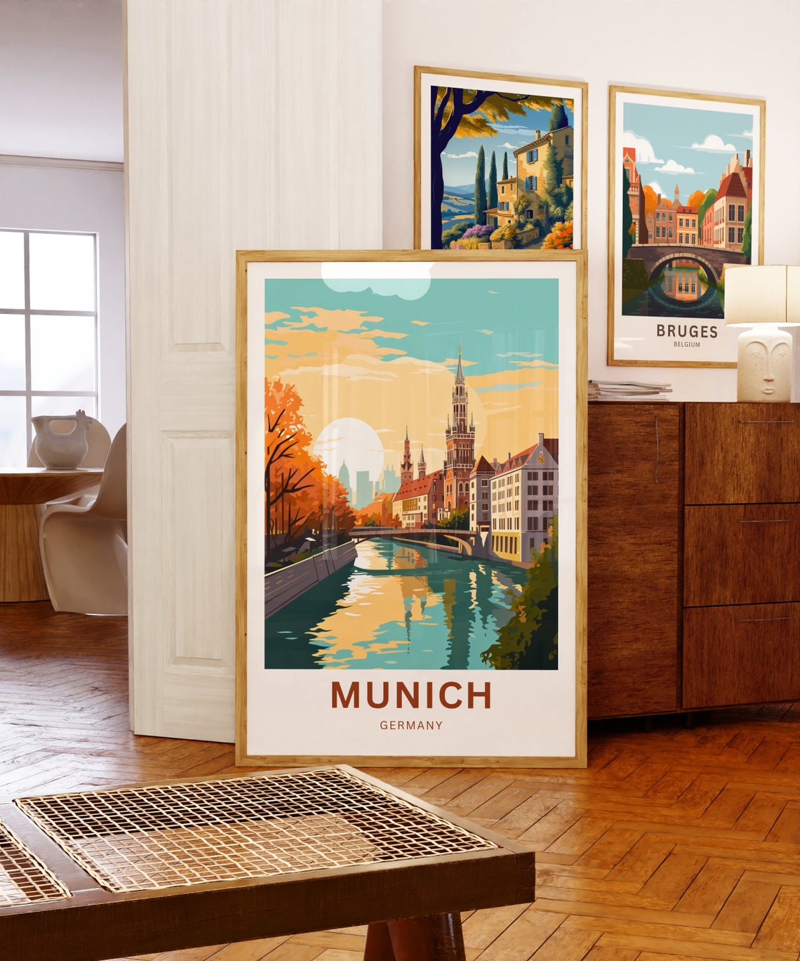 Munich Germany Autumn River Reflection Bridge Sunset Art Poster - Image 5