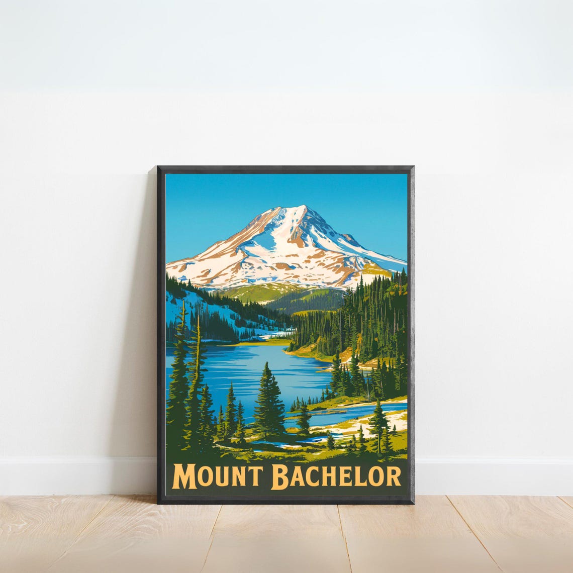 Retro Mount Bachelor Oregon Snowy Peak Lake Pines Travel Poster