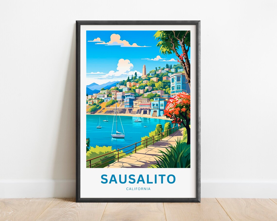 Sausalito California Colorful Harbor Hillside Sailboats Poster