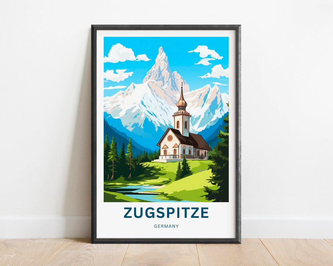 Zugspitze Germany Alpine Chapel Snowy Peak Art Travel Poster