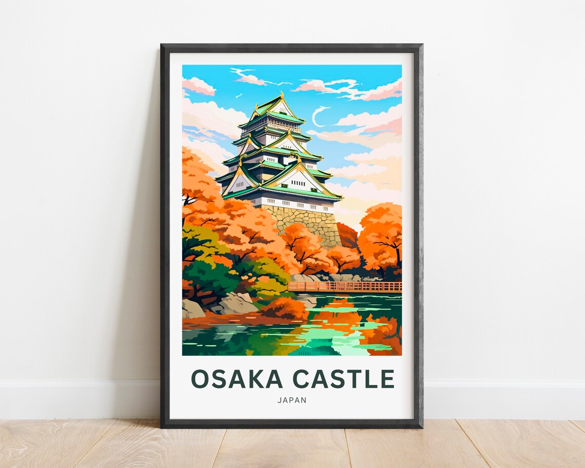 Osaka Castle Japan Autumn Foliage Moat Crescent Moon Travel Poster