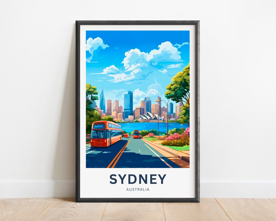 Sydney Australia Red Buses City Skyline Harbour Travel Poster