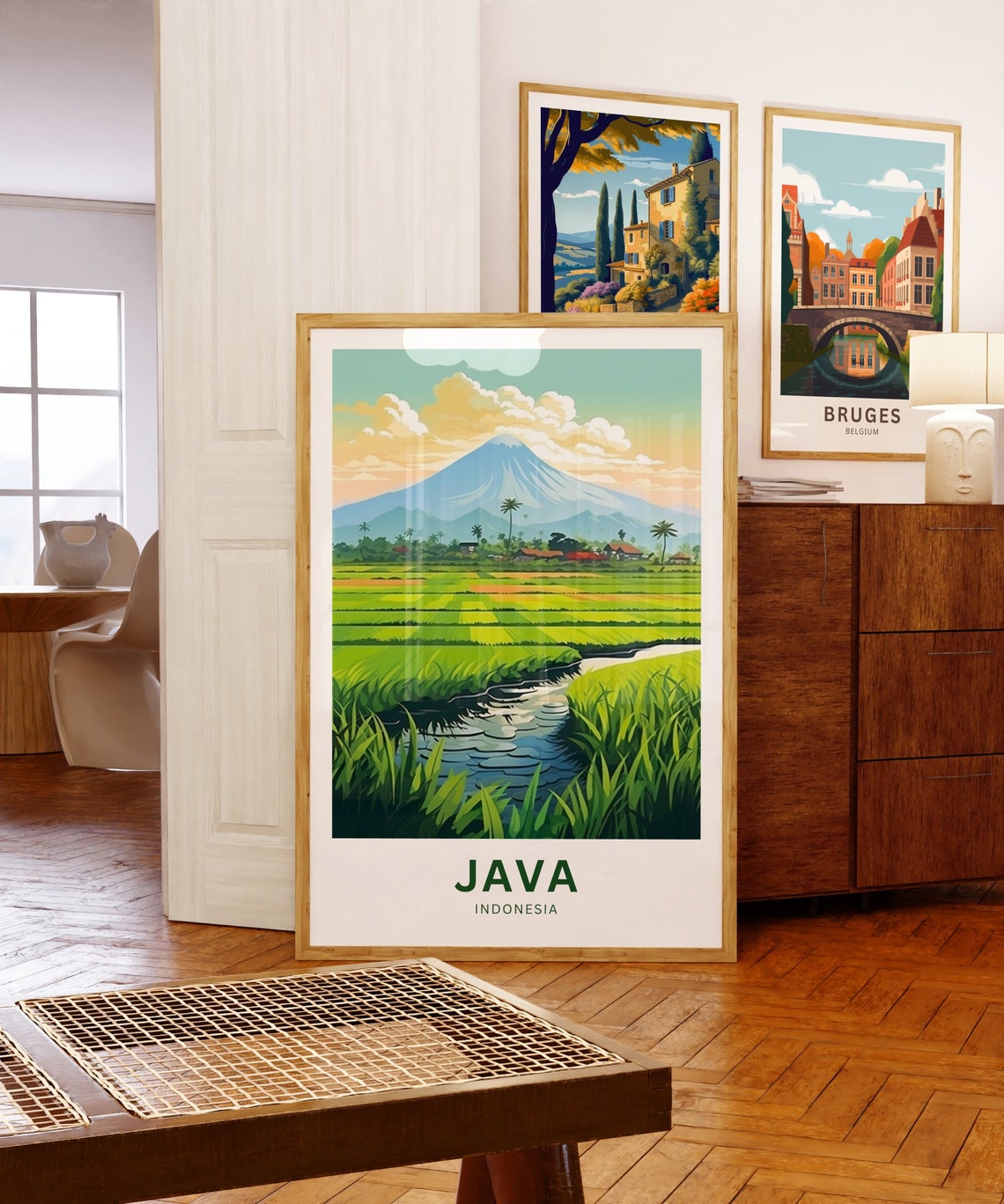 Java Indonesia Volcano Green Rice Paddy Fields Stream Poster - Image 5