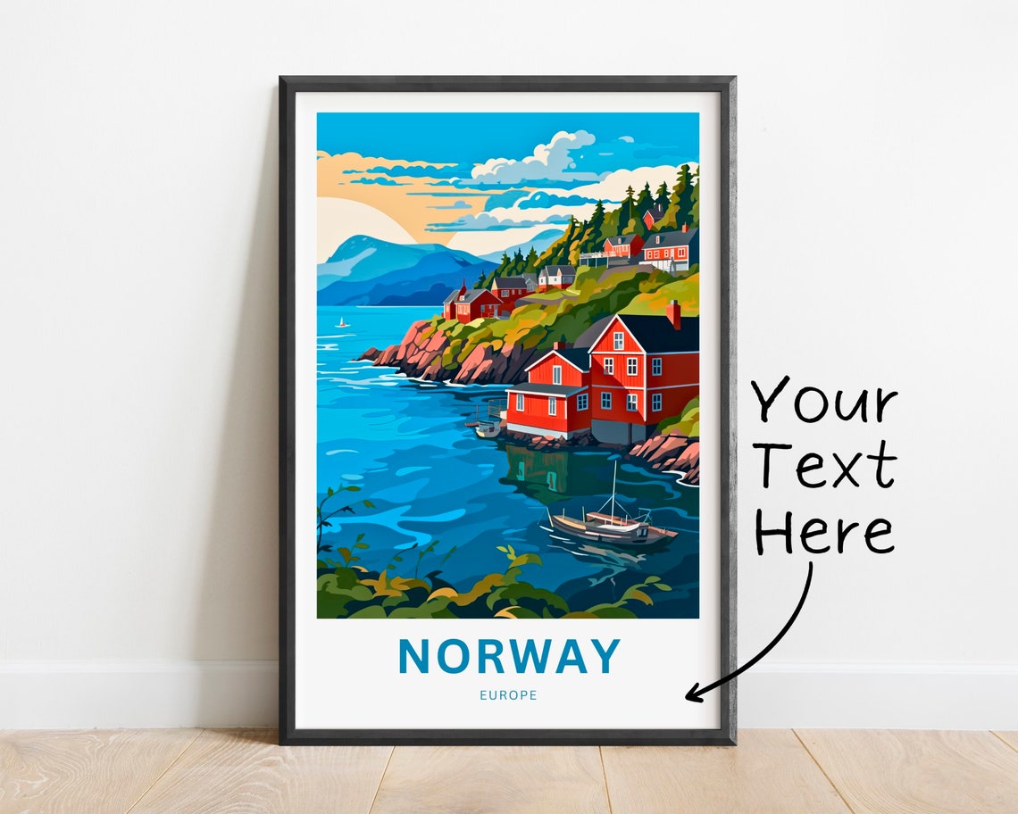 Personalized Norway Travel Poster Coastal Village Fjord Sunset Scene