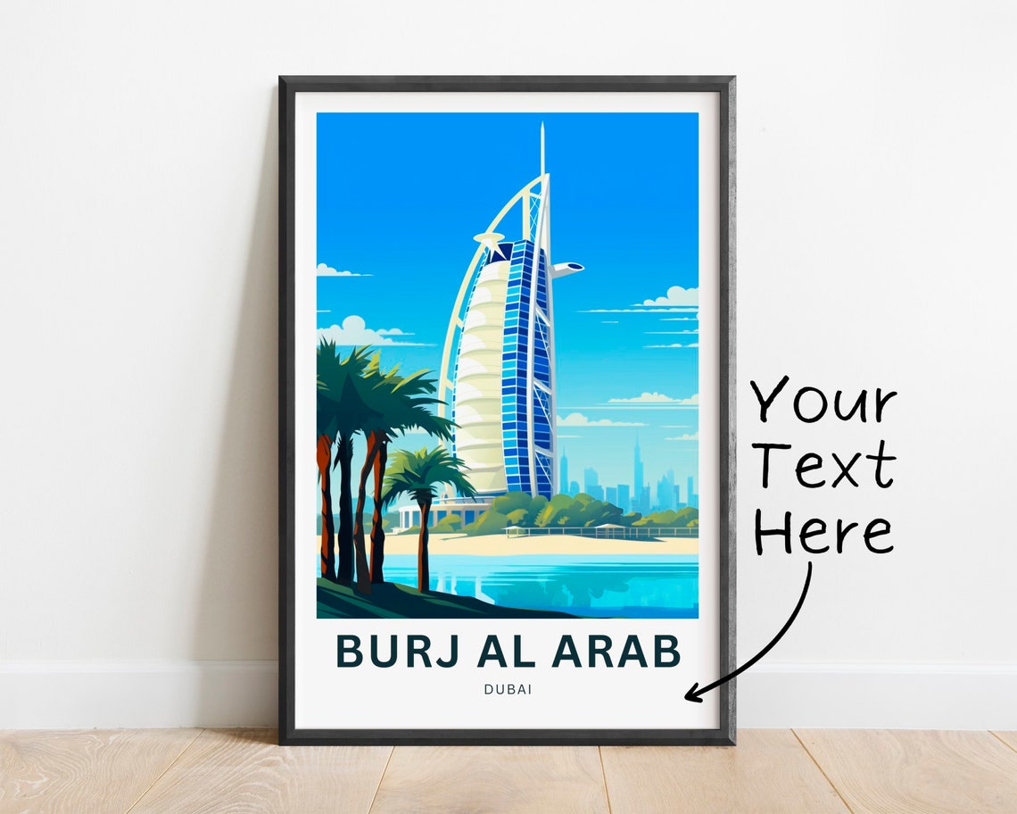 Burj Al Arab Dubai Sail Hotel Custom Text Beach Travel Poster