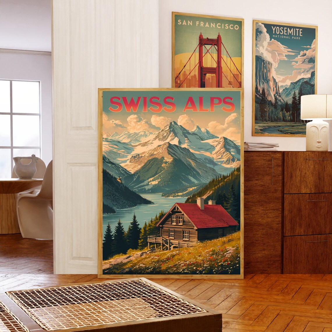 Swiss Alps Vintage Cabin by the Lake with Snowy Peaks Art Poster - Image 5