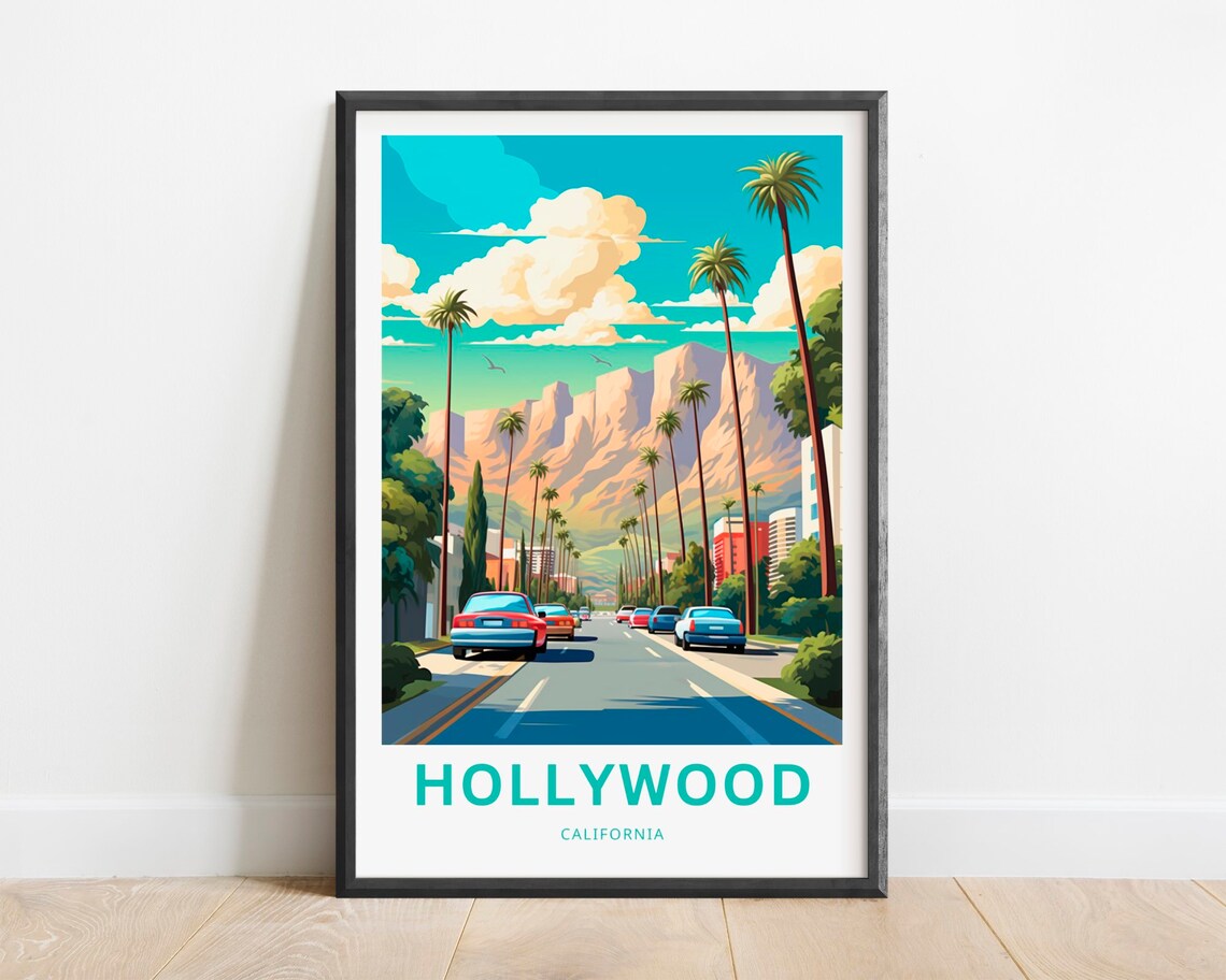 Hollywood California Palm Boulevard Classic Cars Retro Travel Poster