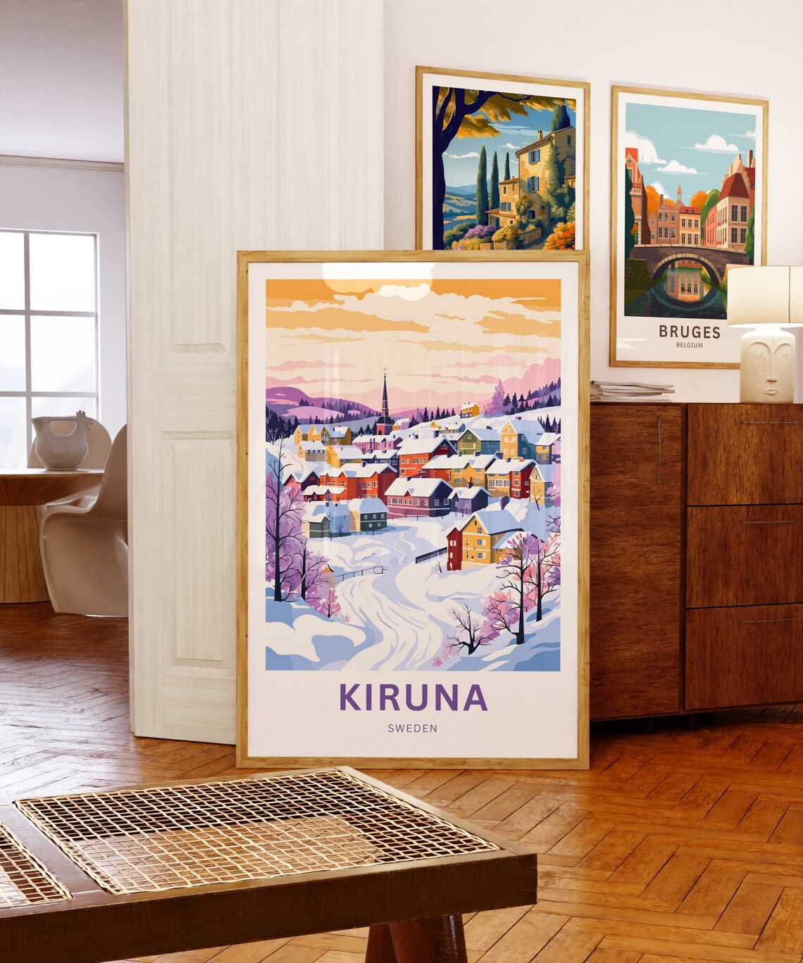 Kiruna Sweden Colorful Houses Church Snowy Scene Personalized Poster - Image 5