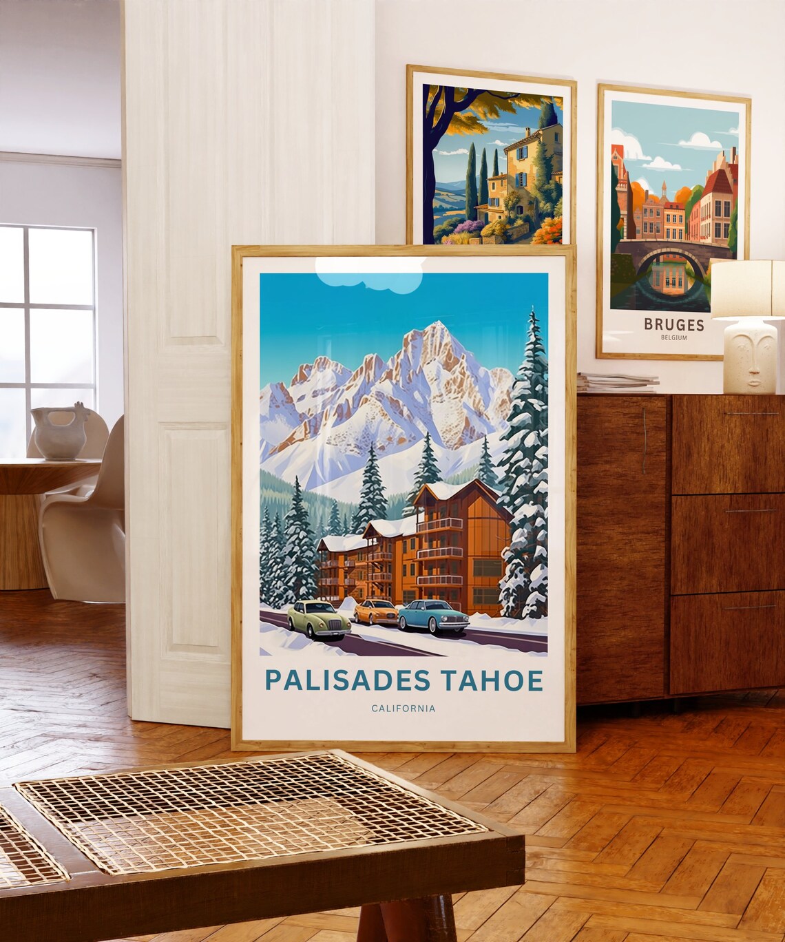 Palisades Tahoe Snowy Lodge Classic Cars Personalized Poster - Image 5