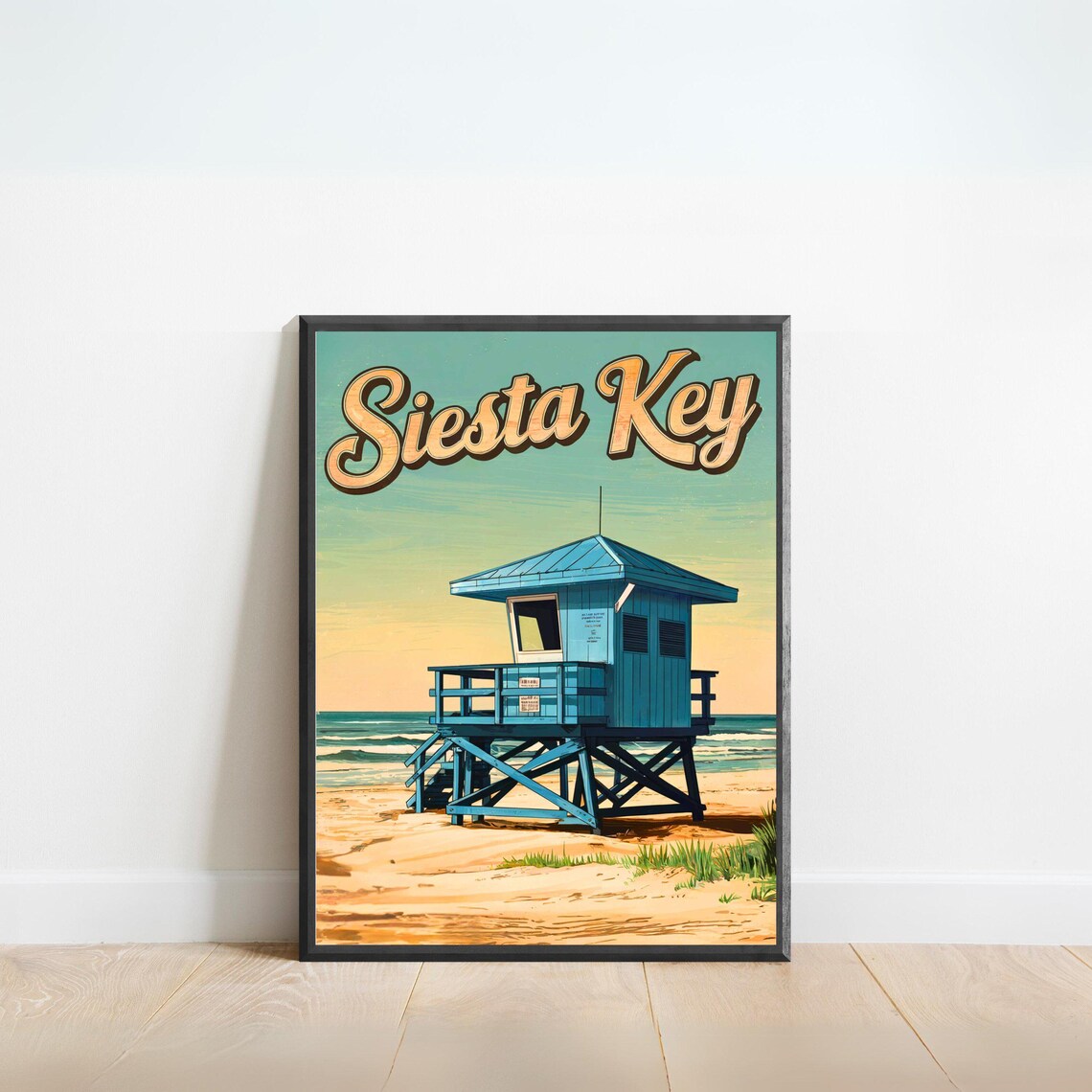 Siesta Key Florida Blue Lifeguard Tower Beach Retro Travel Poster