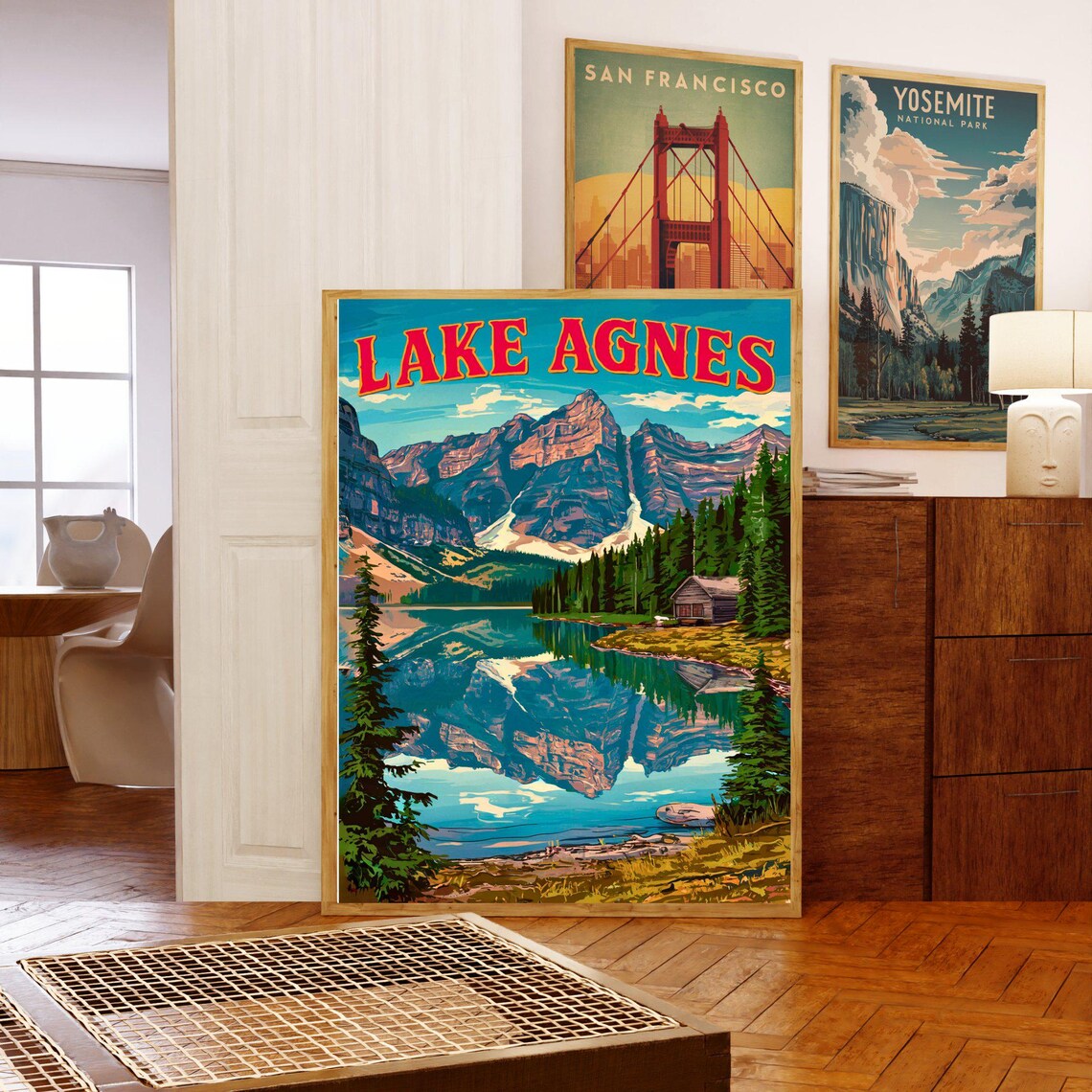 Lake Agnes Vintage Bold Red Letters Lakeside Cabin Reflection Poster - Image 5