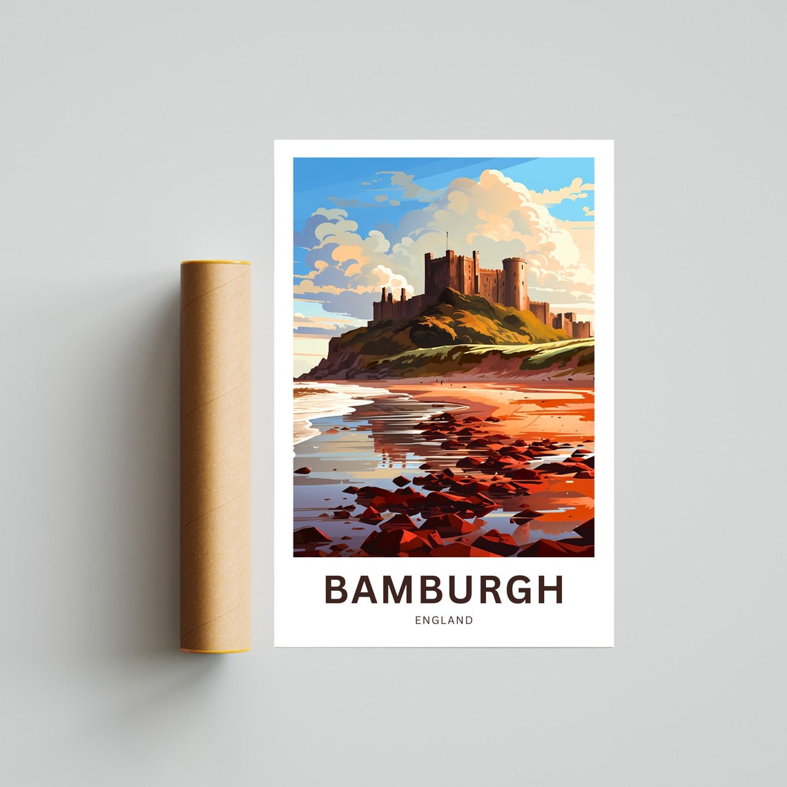 Bamburgh Castle Golden Sunset Reflective Beach England Travel Poster - Image 4