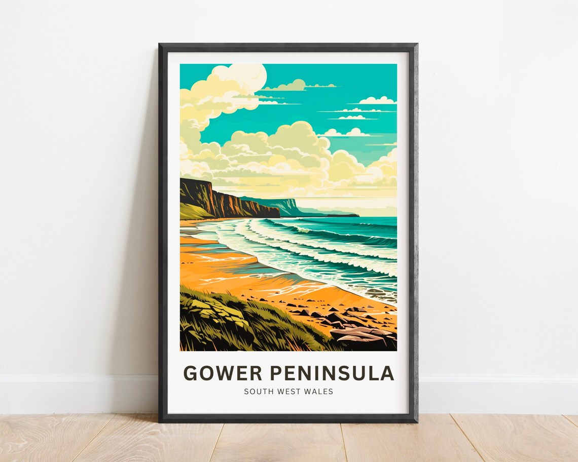 Gower Peninsula South West Wales Sandy Beach Cliffs Travel Poster