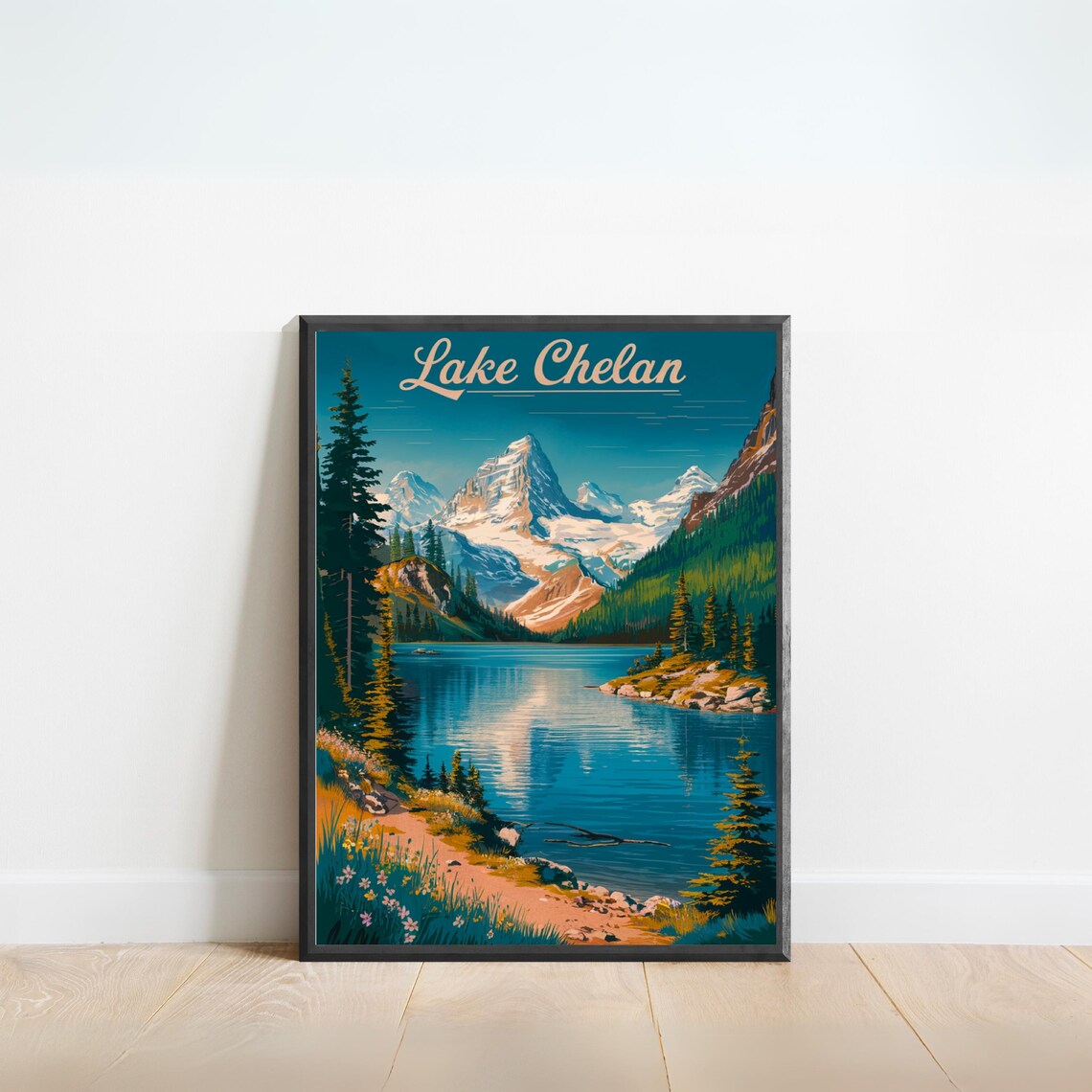 Lake Chelan Script Lettering Vintage Mountain Lake Travel Poster Gift