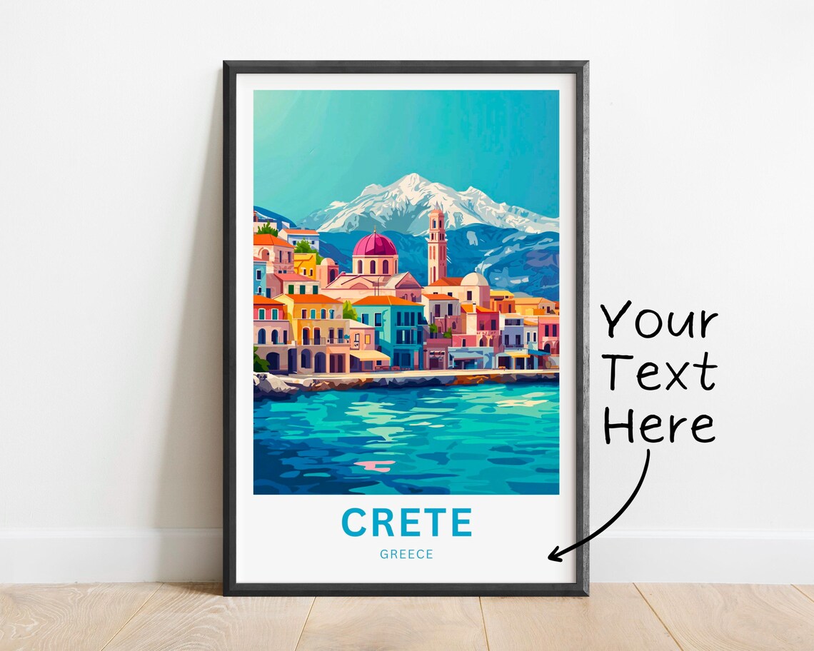 Crete Greece Colorful Coastal Town Snowy Mountain Lively Poster - Image 2