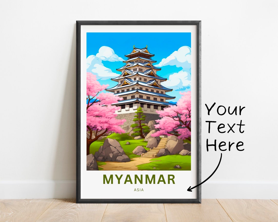 Myanmar Asia Pagoda Tower Cherry Blossom Personalized Poster