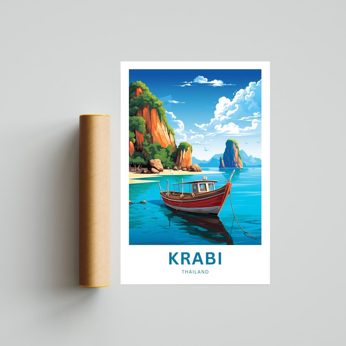 Krabi Thailand Tropical Limestone Karst Bay Red Boat Seascape Poster - Image 4