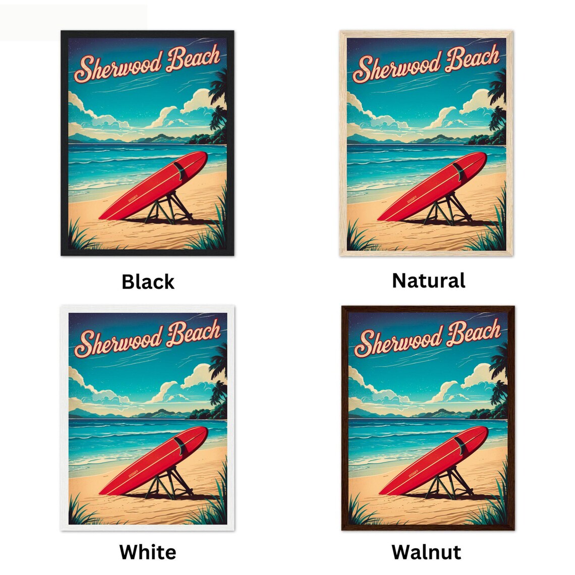 Sherwood Beach Surfboard Retro Vintage Coastal Scene Travel Poster - Image 4