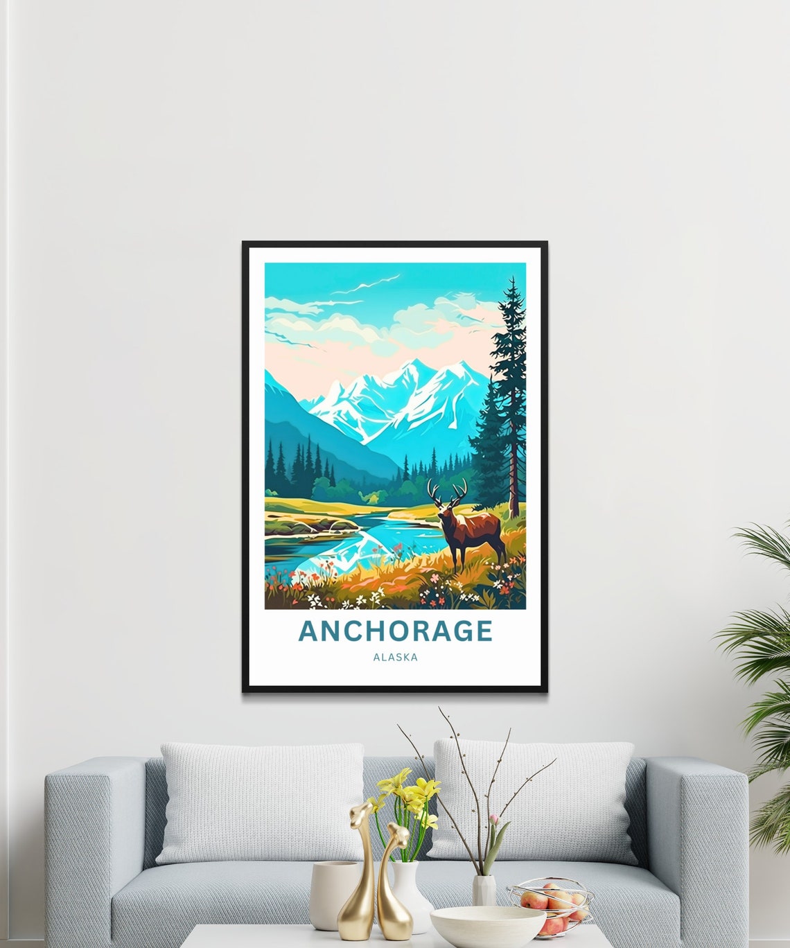 Anchorage Alaska Elk Mountain Lake Scenic Retro Travel Poster - Image 4