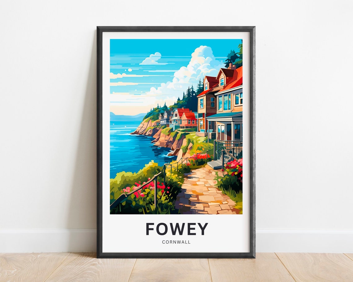 Fowey Cornwall Cliff Path Seaside Cottages Scenic Travel Poster