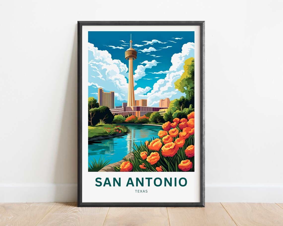 San Antonio Texas Tower of the Americas River Flowers Poster