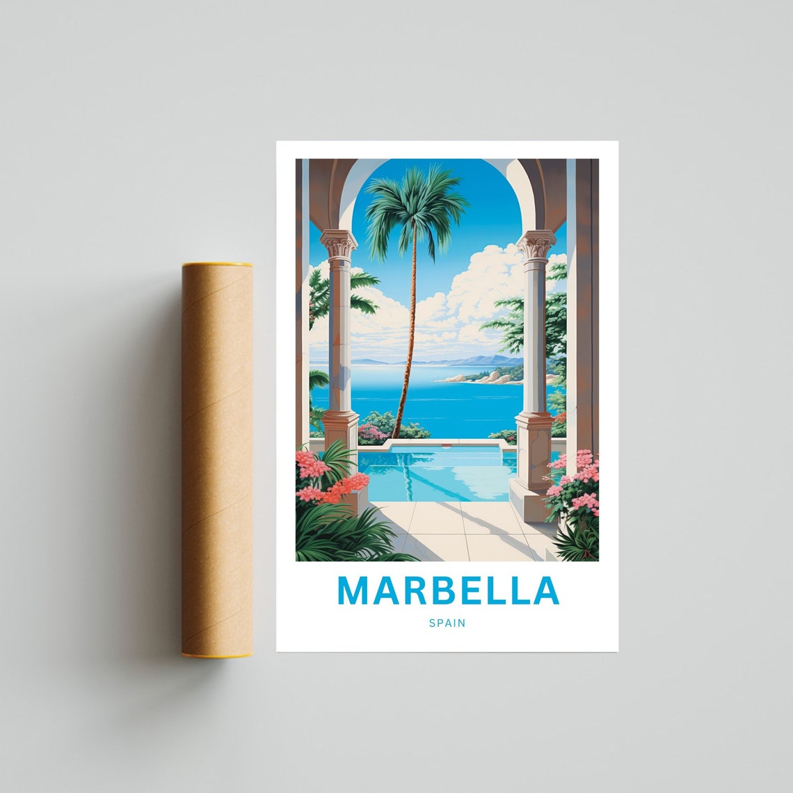 Marbella Spain Seaside Terrace Pool Palm Personalized Art Print - Image 4