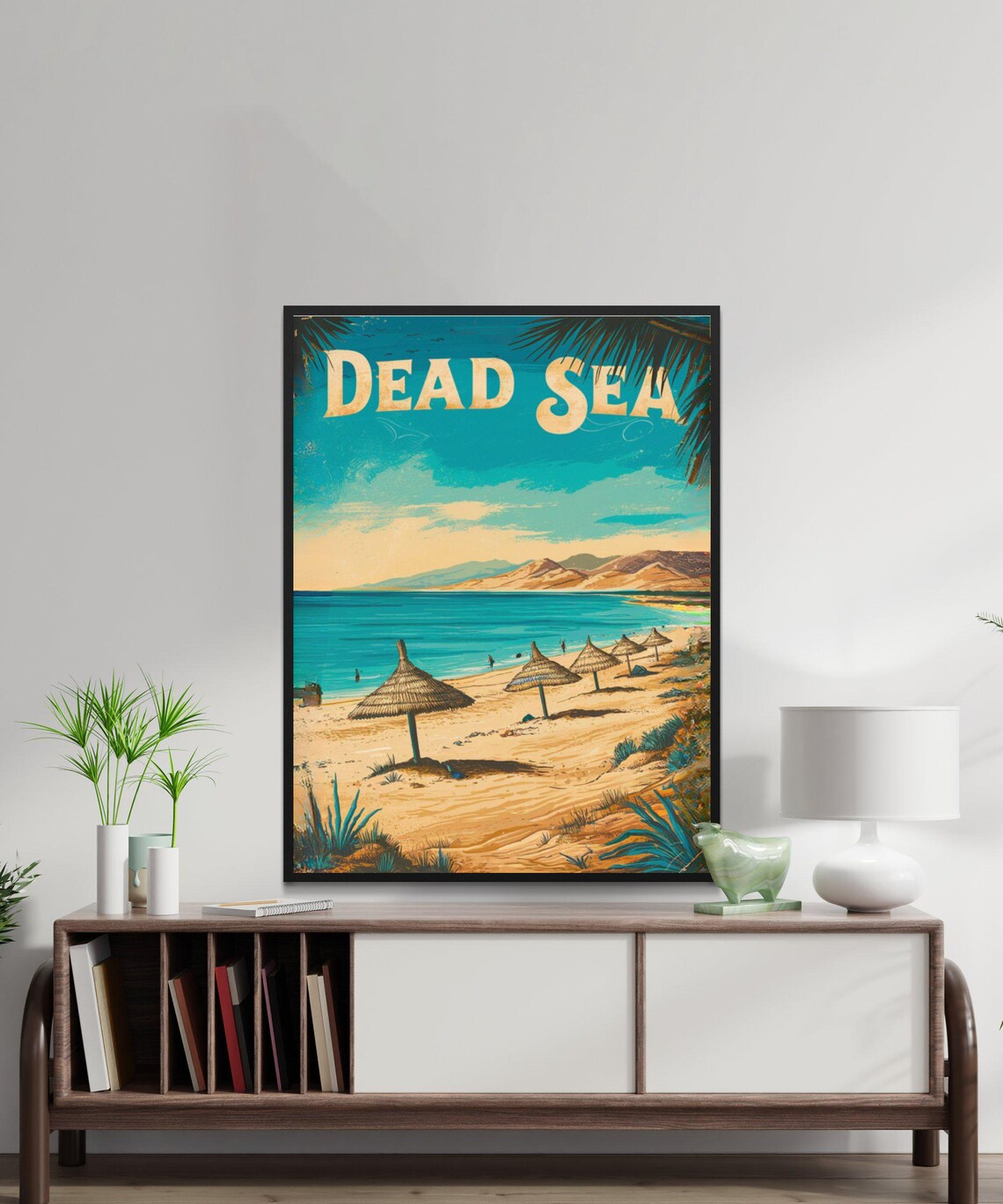 Dead Sea Beach Straw Umbrellas Sandy Shore Retro Sunset Travel Poster - Image 2