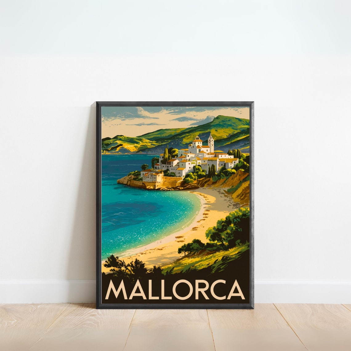 Mallorca Spain Whitewashed Coastal Town Beach Vintage Travel Poster